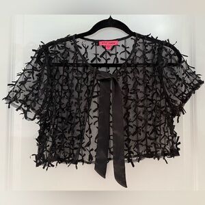 Betsy Johnson 3D Black Bow Lace Cardigan Tie Front Cropped Top M